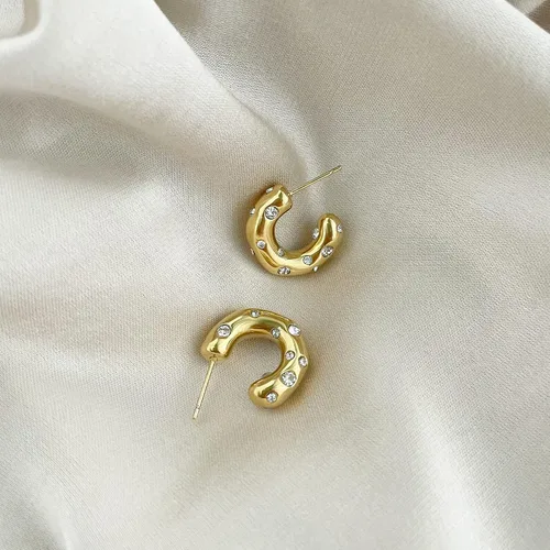 Miniatura 3 de Aretes de aro pequeños y gruesos de oro con diamantes ligeros para mujer