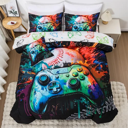 Miniatura 17 de Aimuan - Juego de ropa de cama para jugadores, conjuntos de edredón 3D con mando de juego para niños, botones de acción, controlador de juego Negro