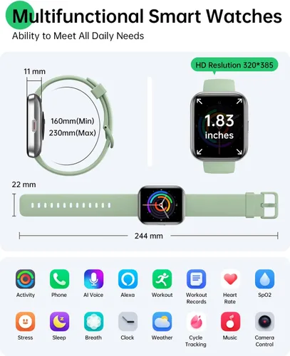 Miniatura 6 de WMK Relojes inteligentes para hombres y mujeres (Android/iPhone), reloj inteligente Alexa HD de 1.83 pulgadas con llamadas Bluetooth, Verde