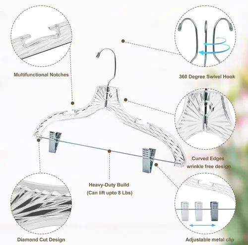 Miniatura 3 de Perchas de plástico transparente de calidad para faldas, paquete de 12 piezas con corte de cristal para faldas, pantalones, vestidos, trajes