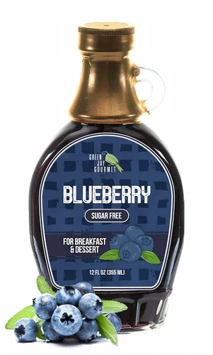 Green Jay Gourmet Jarabe de arándanos sin azúcar, jarabe de desayuno premium sin azúcar con arándanos frescos y jugo de limón, jarabe de panqueques
