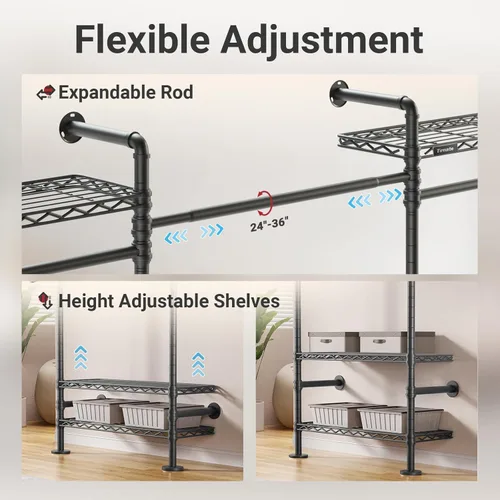 Miniatura 5 de Timate F4 Perchero de ropa montado en la pared, estante de ropa de tubo industrial para colgar ropa, estante de ropa expandible y resistente, Negro