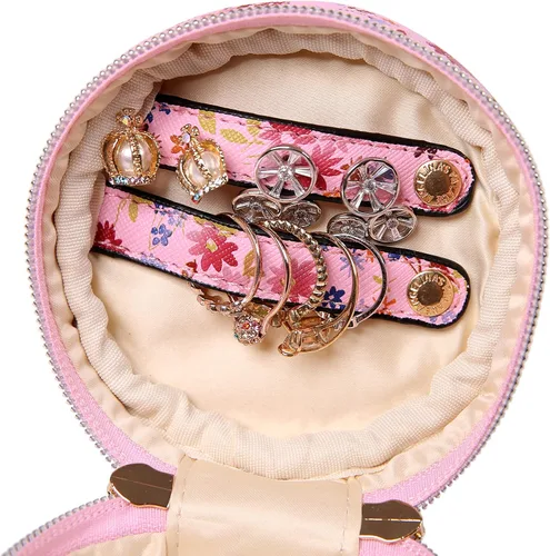 Miniatura 5 de Angelina's Palace Organizador redondo de joyas, bolsa de viaje, regalos de dama de honor, caja de cuero vegano para collar, aretes, pulsera, anillo