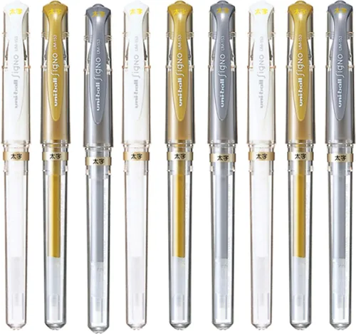 Uni-Ball Signo UM-153 - Bolígrafo de impacto de gel de punta ancha, 0.039 pulgadas, blanco/oro/plata, 3 bolígrafos cada uno/total de 9 bolígrafos