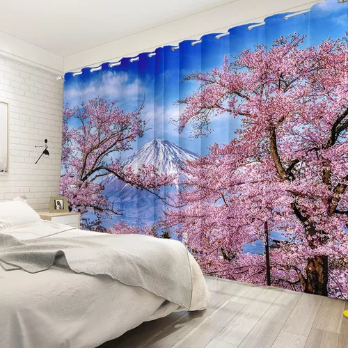 Miniatura 76 de Cortinas japonesas con pintura de tinta, monte Fuji, sol rojo, puesta de sol, hojas de bambú, cortinas de ventana para dormitorio, sala de estar