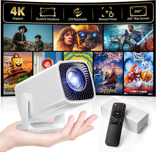 Mini proyector, proyector portátil compatible con 4K, proyector para exteriores Full HD 1080P, proyector de película de rotación de 270°, compatible