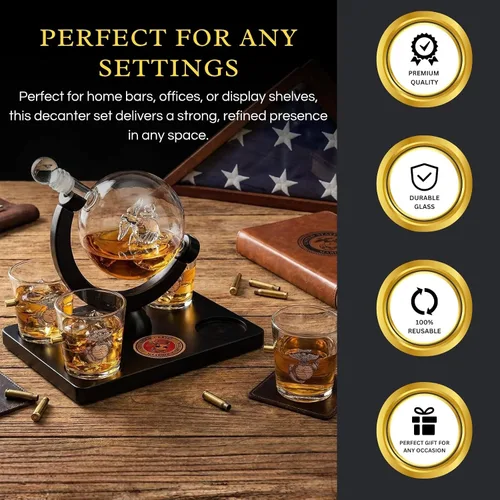Miniatura 4 de U.S. Marine Globe - Juego de decantador de whisky con 4 vasos de licor, juego de regalo USMC con base de madera de caoba y emblema, regalos USMC