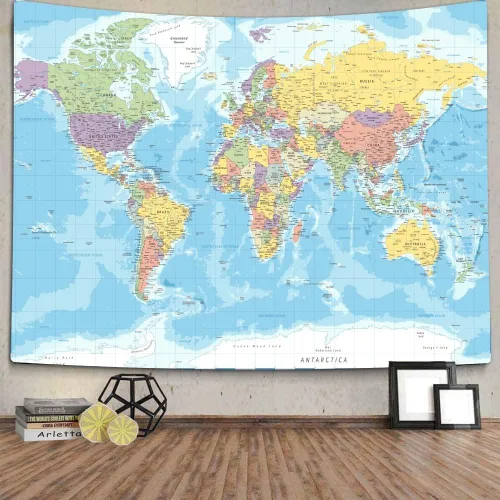 Miniatura 6 de TOMOZ Tapiz de mapa del mundo para colgar en la pared para niños y estudiantes, mapa del mundo con países y ciudades principales, tapiz educativo