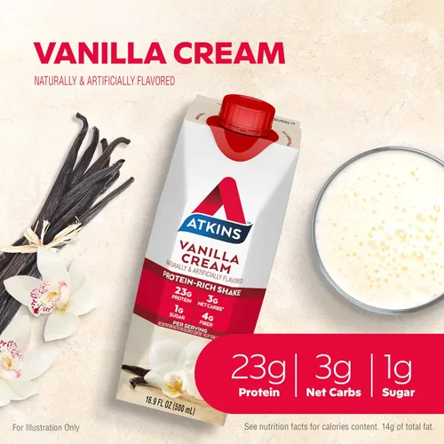 Miniatura 4 de Atkins Batido de proteína tamaño comida con crema de vainilla, 23 g de proteína, bajo en glucemia, 3 g de carbohidratos, 1 g de azúcar, amigable