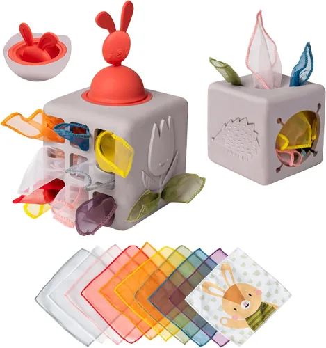 Taf Toys Caja de pañuelos para bebé con conejito emergente - Actividad sensorial Montessori con 10 pañuelos de tela para el desarrollo motor fino -