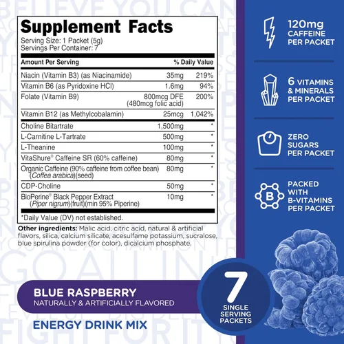 Miniatura 2 de TransformHQ Boost Shot - Paquetes de bebida en polvo sabor frambuesa azul, paquete de 7, suplementos energéticos para mujeres y hombres