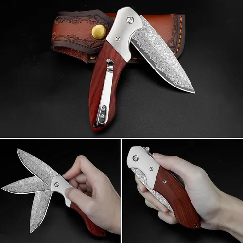 Miniatura 5 de KOMWERO Cuchillo de bolsillo de Damasco, cuchillo afilado de acero de damasco con núcleo VG10 de hoja de acero mango de madera, cuchillo plegable