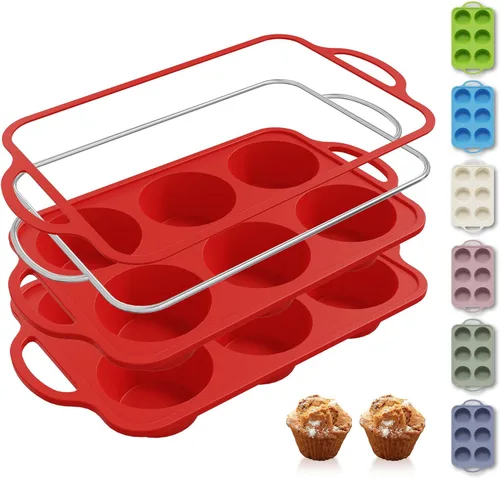 Miniatura 40 de 2 paquetes de 12 tazas de molde para magdalenas de silicona para hornear con marco reforzado de metal, molde para cupcakes de tamaño regular, Crema