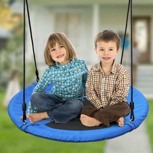 Miniatura 7 de Asiento de columpio de árbol de platillo para niños de 40 pulgadas al aire libre, columpio redondo para niños, columpio de platillo volador con Azul