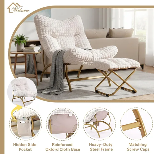 Miniatura 5 de Welnow Silla perezosa beige con otomana, silla de lectura de gran tamaño para adultos, silla de descanso acolchada suave para sala de estar
