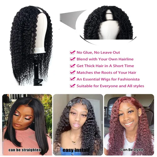 Miniatura 5 de Pelucas de Raya en V Rizadas con Forma de V para Mujeres Negras, Sin Mechas Fuera, Mejora de Raya en U, Sin Pegamento, Peluca Completa con Clip