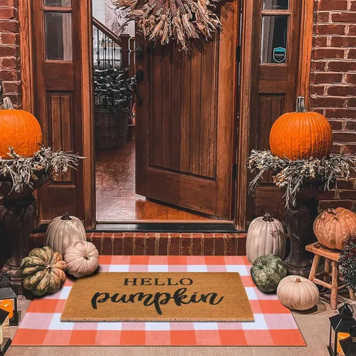 Miniatura 9 de Juego combinado de tapetes de puerta de decoración de otoño, 100% fibra de coco + alfombra a cuadros naranja y negra de 28 x 43 pulgadas, tapete