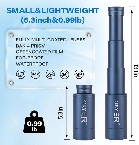 Miniatura 5 de Telescopio monocular de 25 x 50, monoculares para adultos de alta potencia: zoom compacto HD para hombres, regalos geniales con prisma BAK4 y lente