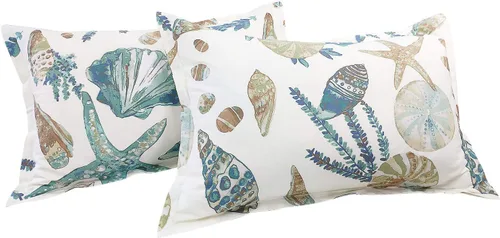 Miniatura 9 de FADFAY Juego de sábanas King con temática de playa, 100% algodón, ropa de cama costera súper suave, ropa de cama náutica de conchas marinas y Aqua