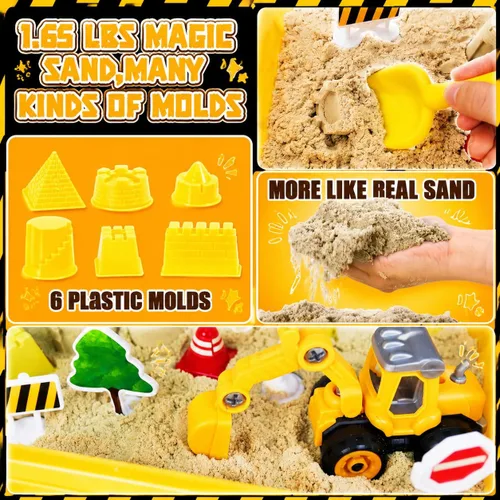 Miniatura 5 de Carolart Contenedor sensorial de construcción, juego de arena de tractor, caja de arena de construcción con camión de juguete, arena y letreros, kit