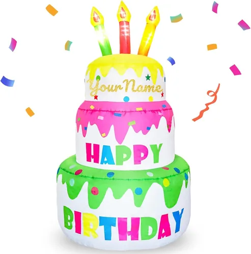 Pastel de cumpleaños inflable personalizado de 4 pies de alto con nombre de purpurina, pastel de cumpleaños grande con velas iluminadas, 6 luces LED