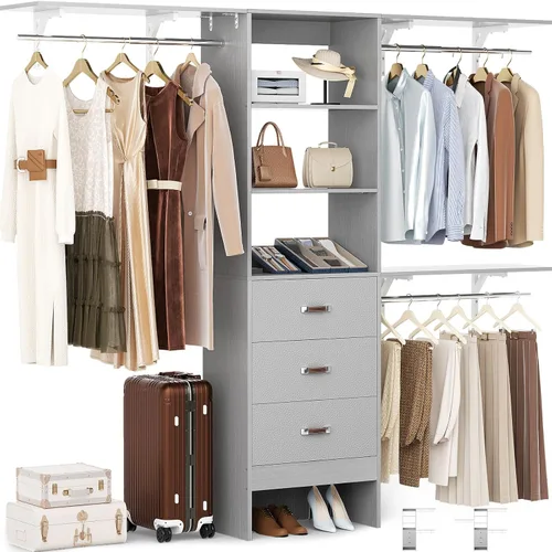 Miniatura 9 de Sistema de Organización de Closet Besiost con Cajón - Sistema Organizador de Closet de Madera de 8 Pies con 3 Barras para Colgar y Torre de Blanco