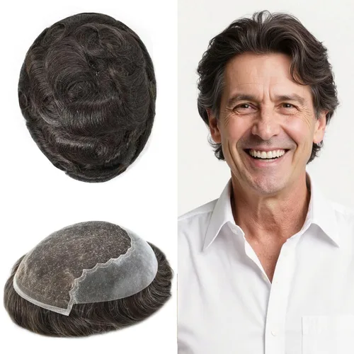 Miniatura 140 de Toupee - Sistemas de reemplazo de cabello para hombre, encaje frontal suizo, nudo blanqueado, pieza de cabello humano natural 1# negro azabache, 8 x