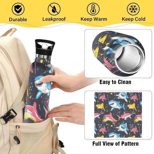 Miniatura 4 de Reusable Water Bottles with Straw Lid Nature Shark Pirate Style Vacuum Insulated Leakproof and BPA Free for Travel, Camping, Sports 06
