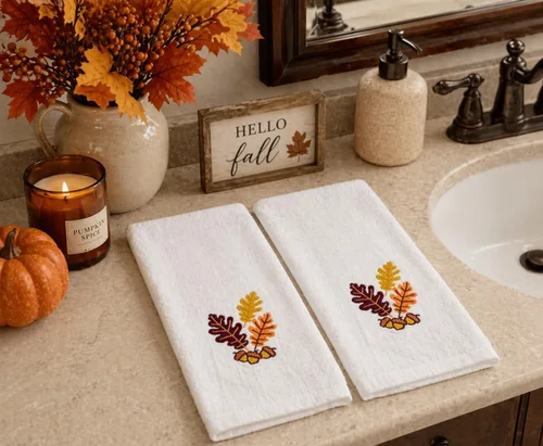 Miniatura 4 de Serfina Home Harvest - Toallas de mano para baño, diseño bordado de hojas de otoño grises y grises, 100% algodón, 16 x 25 pulgadas, juego de 2 piezas
