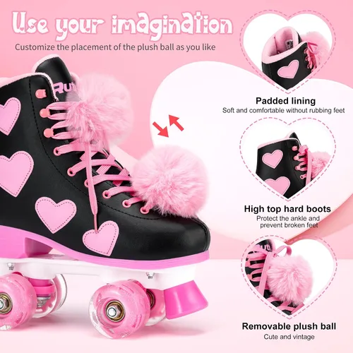 Miniatura 4 de Ruthfot Patines clásicos para mujeres y niñas con ruedas iluminadas y patrón de corazón de amor, patines de cuero PU de caña alta.. Negro