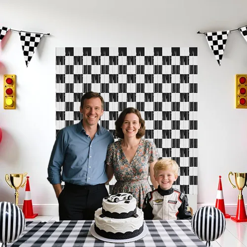 Miniatura 5 de Decoraciones de fiesta de cumpleaños de coche de carreras, paquete de 2 serpentinas de papel de aluminio negro y blanco, cortinas de flecos para un