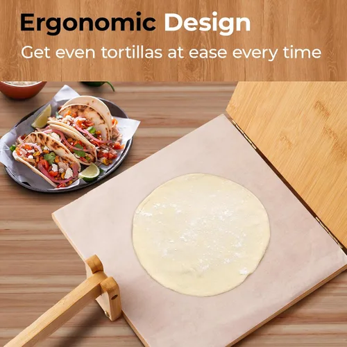 Miniatura 5 de Prensa de tortilla de madera de 10 pulgadas, con rodillo y 50 piezas de papel pergamino, para tortillera mexicana casera, roti, chapati, taco, Square