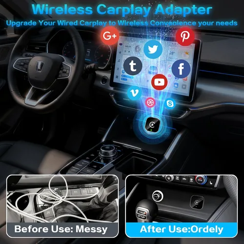 Miniatura 6 de Mini Adaptador Inalámbrico CarPlay para iPhone, 2 en 1 para Apple CarPlay y Adaptador Android Auto, Convierte de Cableado a Inalámbrico, Plug & Negro