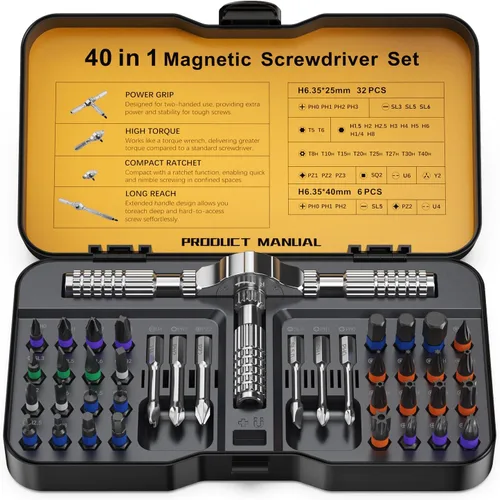 Juego de destornilladores de trinquete magnético 40 en 1, juego de destornilladores de trinquete multipunta con mango de trinquete desmontable, kit