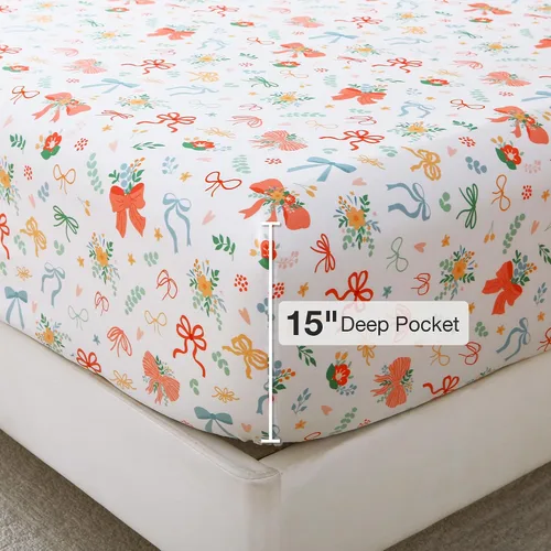 Miniatura 3 de Viviland - Juego de sábanas florales para cama de tamaño matrimonial, 4 piezas con diseño de moño impreso y flores vintage, sábanas suaves