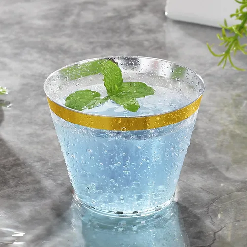 Miniatura 5 de Hioasis 200 Piezas Vasos Transparentes de 9 OZ - Vasos Desechables de Plástico con Borde Dorado, Resistentes y Sin BPA para Fiestas, Bodas
