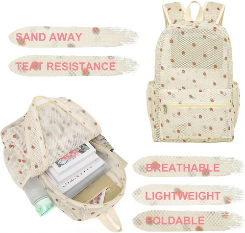 Miniatura 4 de CAMTOP Mochila de malla para niños y niñas, mochila transparente para preescolar, mochila casual para escuela, playa, viajes, deportes (fresa beige)