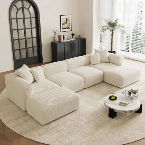 Miniatura 12 de Acanva - Sofá modular convertible de corduroy en forma de L, 4 plazas con combinación libre de esquina, convertible a cama diurna, sofá amplio
