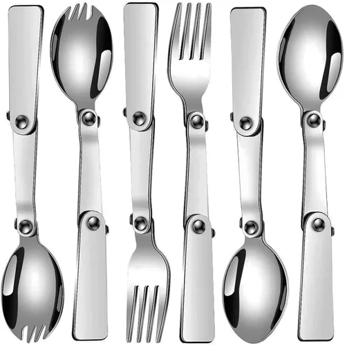 Juego de 6 cucharas plegables y tenedores, 18/10 (304) de acero inoxidable portátil, utensilios de camping para termos actividades al aire libre