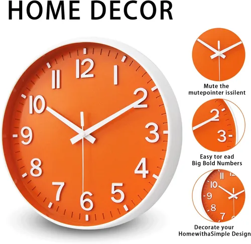 Miniatura 3 de HZDHCLH Reloj de pared con pilas, reloj de pared naranja, reloj de pared de 8 pulgadas, silencioso, sin tictac, números 3D modernos para cocina