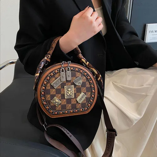 Miniatura 3 de Bolso vintage para mujer, bolso cruzado redondo con un hombro, bolso circular de gran capacidad, bolso diario para mujeres y niñas (marrón)