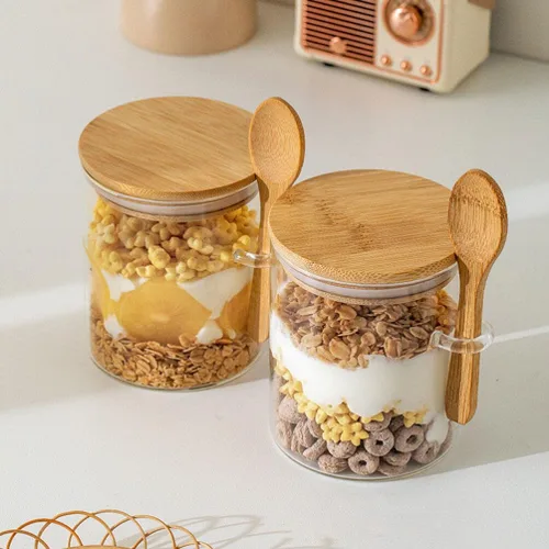 Miniatura 3 de Luxshiny 2 recipientes herméticos de vidrio con tapa y cuchara para almacenamiento de cocina, tarros de té de vidrio transparente para aperitivos