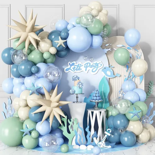 Miniatura 7 de Kit de guirnalda de arco de globos de color azul, blanco y plateado con globos de bola de discoteca, globos de papel de aluminio de estrella