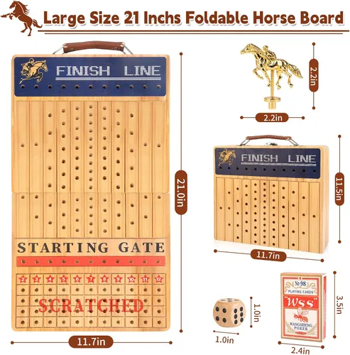 Miniatura 2 de Bravmate Juego de mesa grande de carreras de caballos de 21 pulgadas, juego de carreras de caballos plegable de madera maciza con 11 caballos