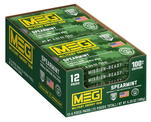 Miniatura 12 de MEG - Goma de mascar de energía militar 100 mg de cafeína por pieza + aumenta la energía + aumenta el rendimiento físico + menta verde paquete