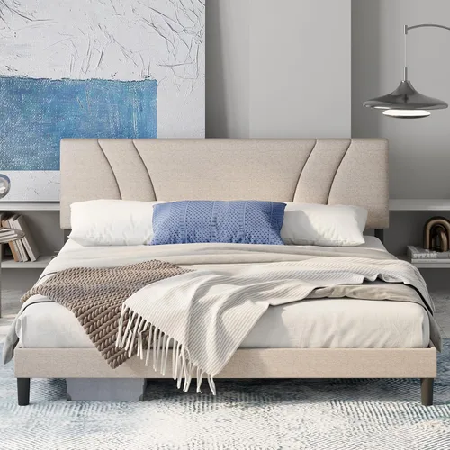 Miniatura 8 de Avenco - Base de cama tamaño Queen, plataforma tapizada con cabecero ajustable, soporte de listones de madera, fácil montaje, no necesita somier