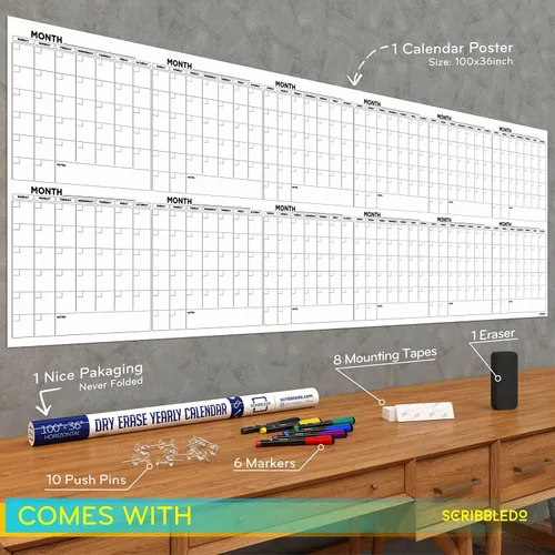 Miniatura 4 de Planificador mensual de borrado en seco extra grande de 100"x36" – Calendario de pizarra blanca de 12 meses incluye 6 marcadores de pizarra blancos
