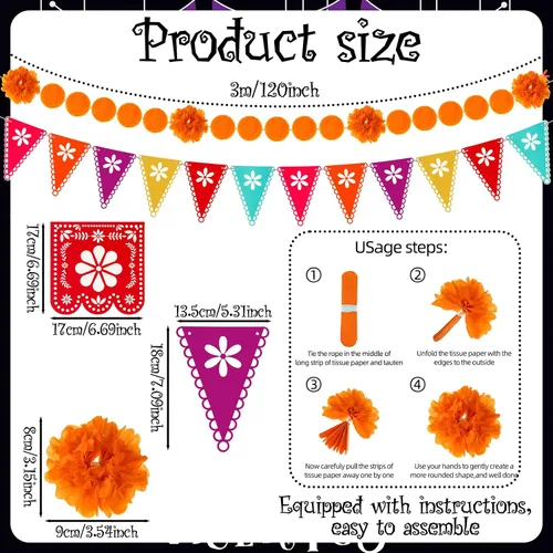 Miniatura 2 de Preboun 5 piezas de decoración de fiesta del Día de los Muertos, guirnalda de flores de caléndula de papel, pancarta de Picado, pancarta de fiesta