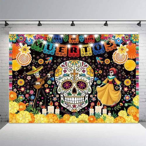 MEHOFOND Telón de fondo del Día de los Muertos de 7 x 5 pies para fiesta mexicana, Día de los Muertos, decoración de fiesta de cumpleaños, pancarta