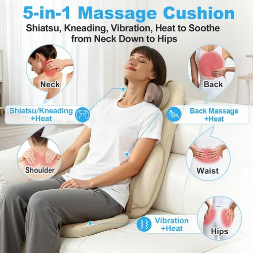 Miniatura 2 de Cojín de Masaje Shiatsu con Calor para Cuello y Espalda - Amasado 4D, Vibración y Diseño de Doble Cuello, Intensidad y Altura Ajustables, Ayuda